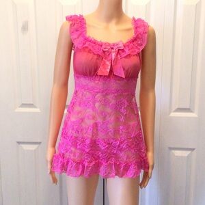 NWOT 2pc Hot Pink Mesh & Lace Lingerie Babydoll Nightie And Panty Set Size M